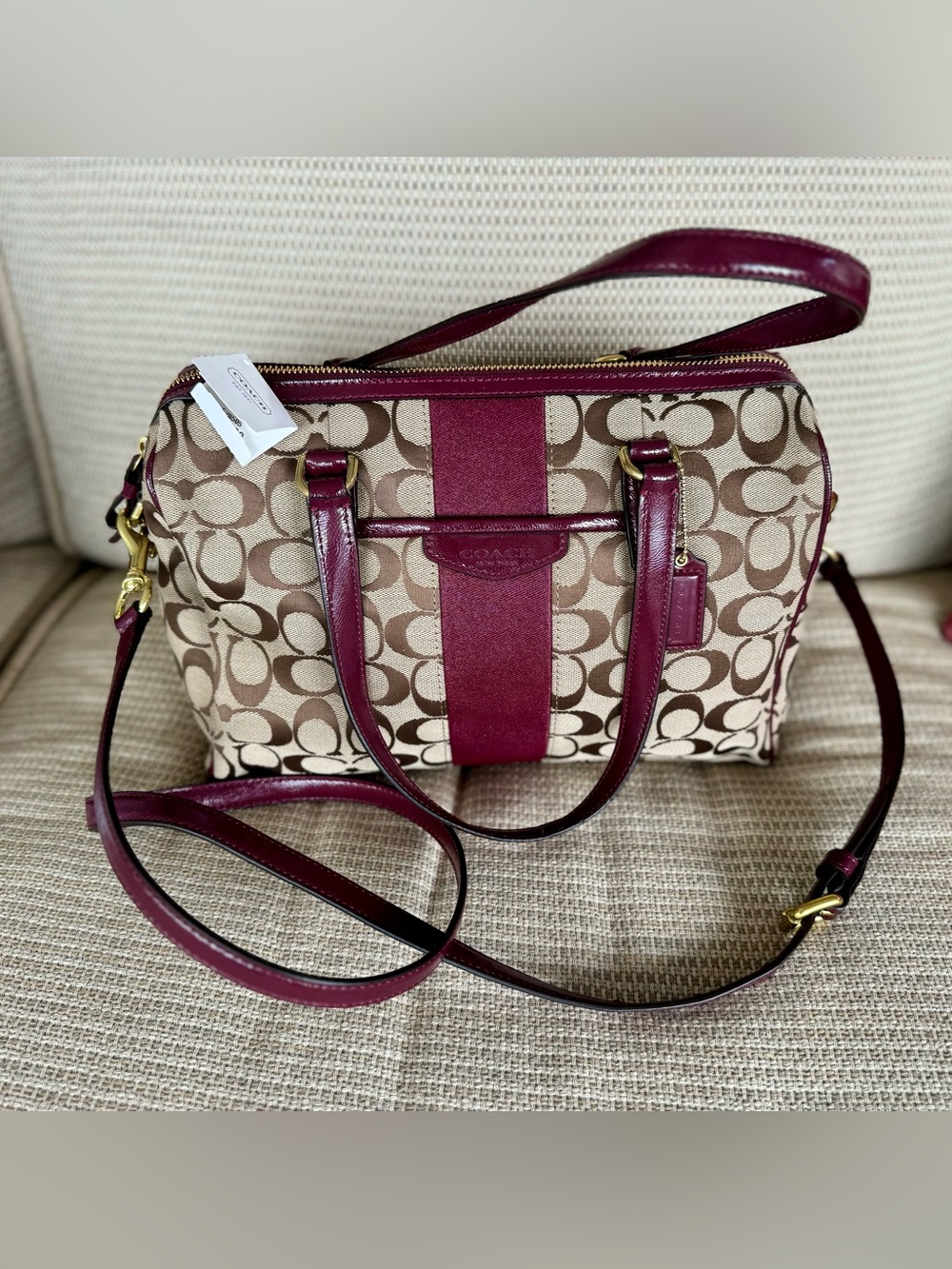 Coach Signature Monogram Bag - Nancy Satchel with Merlot Accents - NWT